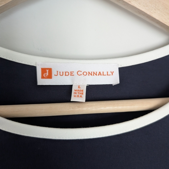 JUDE CONNALLY ALICE PONTE DRESS Navy Bell Sleeve Size Large Career Office - Picture 5 of 8